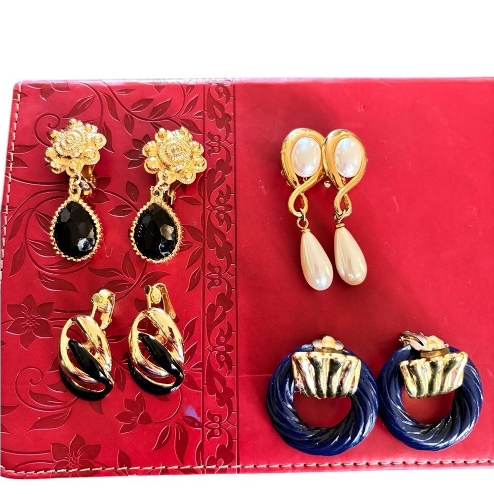 Vintage 80’s 4PR Costume Jewelry Clip On Earrings Door Knocker Faux Pearl Dangle